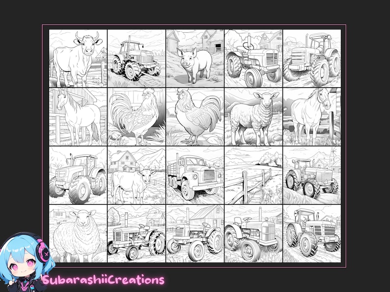 May include: A black and white coloring page featuring a variety of farm animals and tractors. The animals include a cow, pig, rooster, sheep, and horse. The tractors are all different styles and sizes.