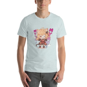 ニャン！ちび猫娘Tシャツ - 愛らしい猫娘、かわいいTシャツ、アニメシャツ、オタクライフTシャツ、かわいいマンガスタイル、人型、猫耳