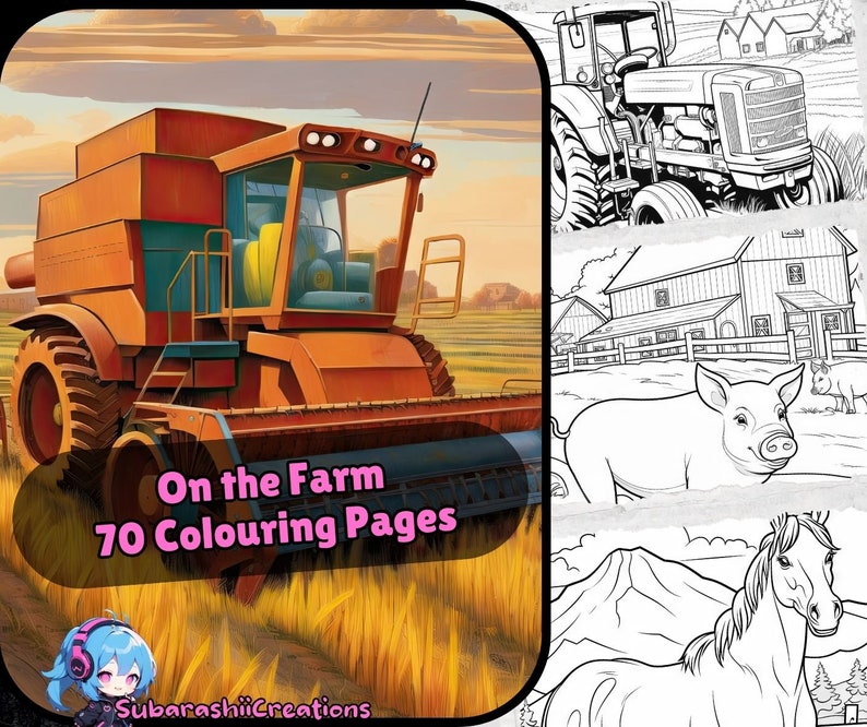 May include: A coloring book cover with a red and orange combine harvester in a field of wheat. The cover also features a black and white illustration of a tractor, a barn, a pig, and a horse. The title of the book is "On the Farm 70 Coloring Pages" and the author is "Subarashii Creations".
