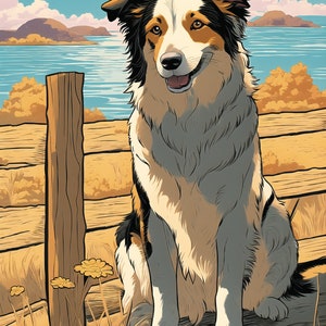 May include: A brown, white, and black dog sits on a wooden fence. The dog is looking at the camera and has a happy expression. The background is a blue lake with green hills and a blue sky with white clouds.