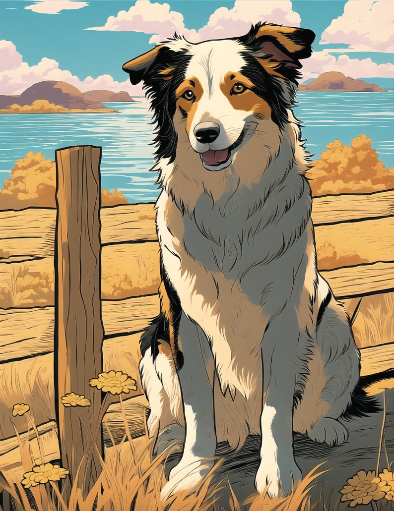 May include: A brown, white, and black dog sits on a wooden fence. The dog is looking at the camera and has a happy expression. The background is a blue lake with green hills and a blue sky with white clouds.