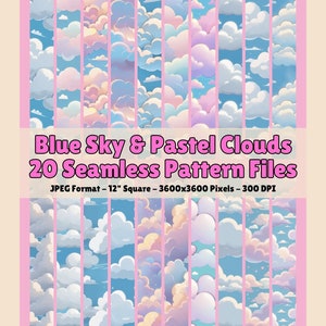 May include: 20 seamless digital paper patterns featuring a blue sky with pastel pink, blue, and yellow clouds. The patterns are 12 inches square and 3600x3600 pixels.
