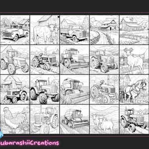 May include: A black and white line drawing illustration of a farm scene with various farm animals, tractors, and farm equipment. The illustration is divided into 16 squares, each depicting a different farm scene.