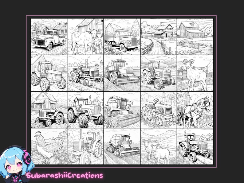 May include: A black and white line drawing illustration of a farm scene with various farm animals, tractors, and farm equipment. The illustration is divided into 16 squares, each depicting a different farm scene.