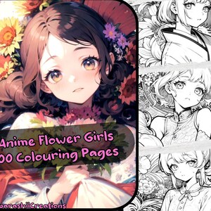 Flower Girls - 100 Anime Styled Colouring Pages, Beautiful women, lush flowers, print at home, colour digitally, cute waifu, manga designs