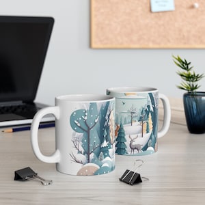 Winter Wonderland Coffee Mug, Frosty Beauty Tea Cup, Charming Winter Scene Mug, Winter Magic Beverage Cup, Picturesque Winter Mug, Reindeer