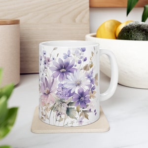 Paarse botanische Boho mok, bloem aquarel mok, Violet boeket mok, magenta bloemen mok, kruiden harmonie cup, blauwe bloemen mok, beste cadeau