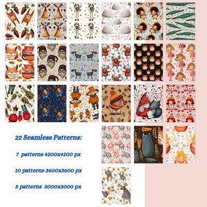 May include: A set of 22 digital seamless patterns featuring various woodland creatures, including foxes, deer, bears, and owls. The patterns are in a variety of colors and styles, and are perfect for use in crafting, scrapbooking, and other creative projects. 7 patterns are 4200x4200 pixels, 10 patterns are 3600x3600 pixels, and 5 patterns are 3000x3000 pixels.