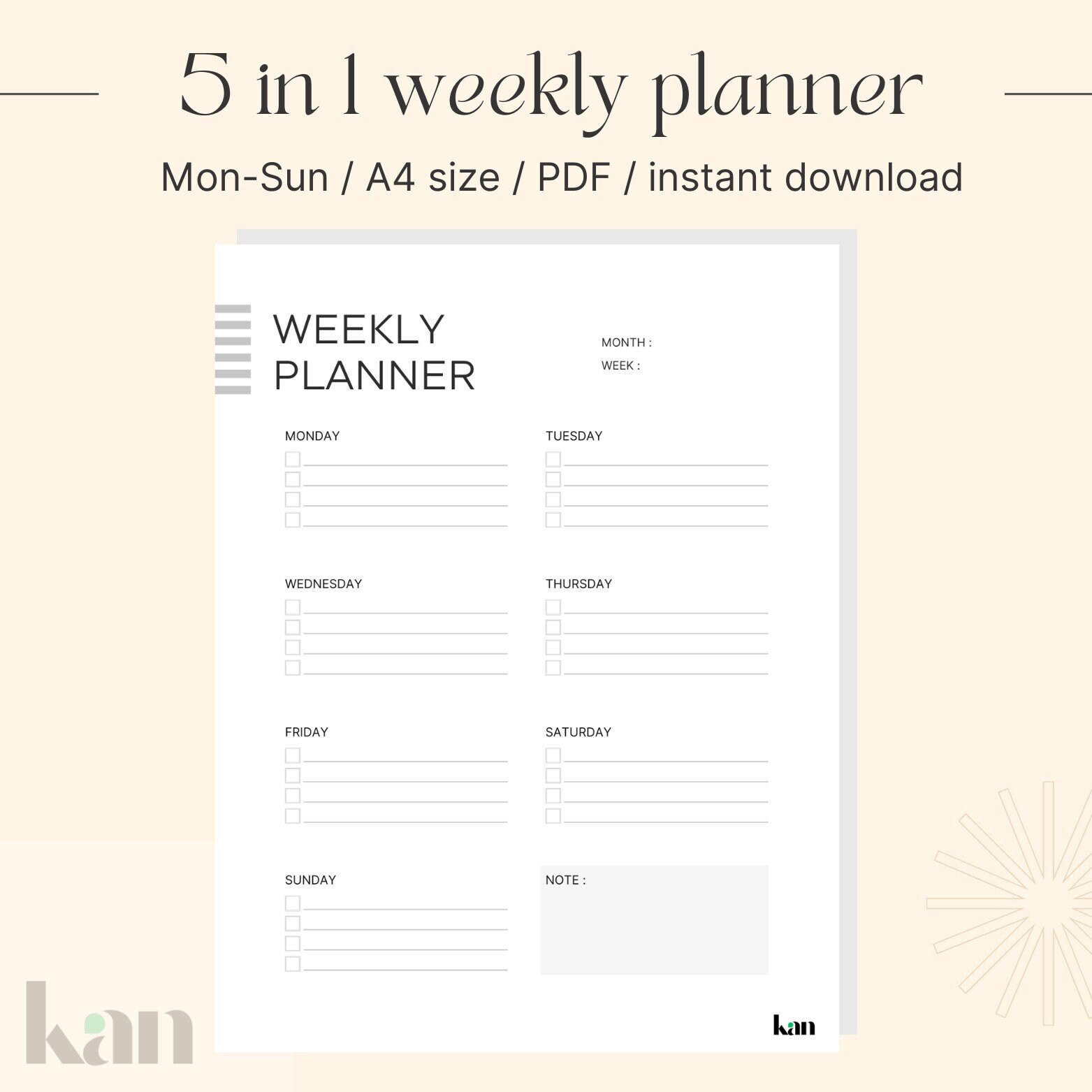 Weekly Planner Printable, Minimalist Weekly Schedule, Week at a Glance ...