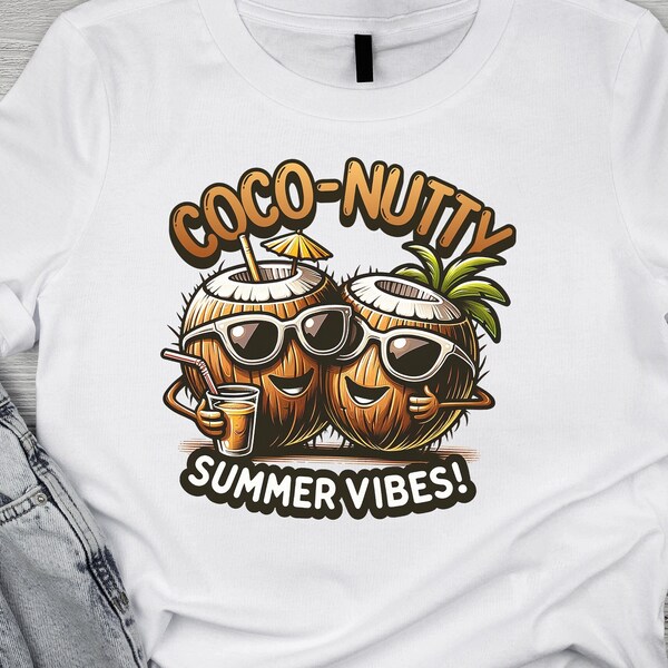 Vibrazioni estive al cocco! Noci di cocco divertenti con occhiali da sole T-shirt Design - Download digitale"