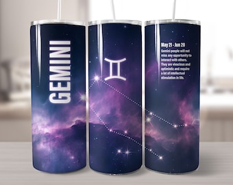 Gemini Zodiac Horoscope 20 oz Skinny Tumbler Sublimation Design Straight and Tapered JPG Digital Download PNG Instant Digital Only.