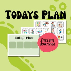 Puede incluir: Una impresión digital con el texto "TODAYS PLAN" en negro, iconos de actividad y las palabras "Today's Plan" y "Instant download". El fondo es verde claro con formas circulares verdes más oscuras.