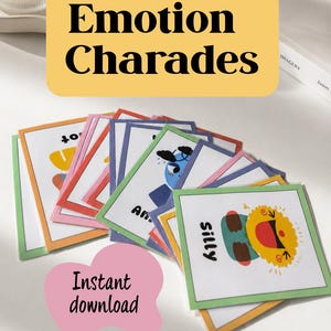 May include: A set of rectangular game cards titled Emotion Charades, featuring colourful borders and illustrations of various facial expressions. One card displays a yellow sun-like character with the word silly printed in black text.