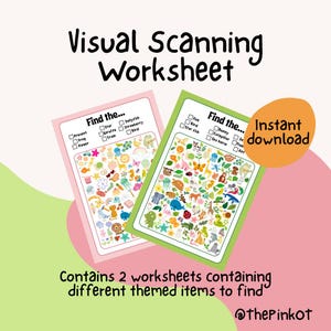Peut inclure: Deux feuilles de travail de balayage visuel avec le texte "Visual Scanning Worksheet". Une feuille de travail est rose et l'autre est verte. Les feuilles de travail ont le texte "Find the..." et comprennent divers éléments thématiques à trouver. L'image comprend également le texte "Instant download".