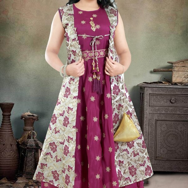 Robe indienne pour fillette, Robe longue, Robe longue pour fille, Robe de soirée, Vêtements ethniques avec veste de créateur, Potli pour cadeau de fête, 10-16 ans