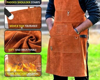 Split Leather Welding Apron Work Aprons For Men & Women Size (S-XXL), Heavy Duty Grilling Cooking Chef Kitchen Apron multipurpose Apron Gift