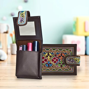 Leather Pouch Makeup Vanity Case Balochi Embroidered Makeup Mirror Case and Lipstick Coin Holder Bag Handcraft Purse Clutch Mothers Day Gift
