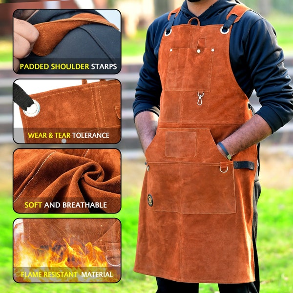 Split Leather Welding Apron Work Aprons For Men & Women Size (S-XXL), Heavy Duty Grilling Cooking Chef Kitchen Apron multipurpose Apron Gift