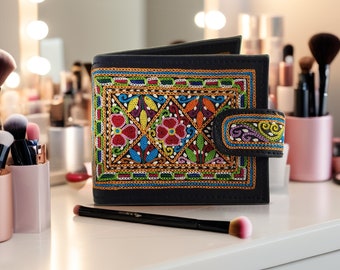 Balochi Hand Embroidery Makeup Bag - Genuine Leather Cosmetic Case - Elegant Mirror Pouch - Unique Mother's Day Gift - travel essential