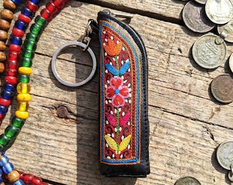 Floral Lipstick Case Lipstick Holder Keychain Hand Embroidery Leather Travel Cosmetic Stocking Stuffers