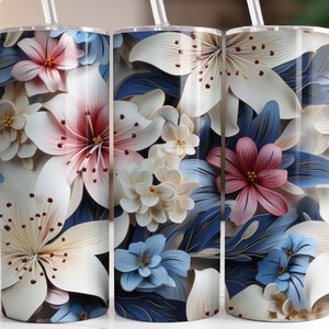 3D Lily Flowers 20 oz Skinny Tumbler Sublimation Design, Straight & Tapered Tumbler Wrap, Instant Digital Download PNG, 3D Floral Tumbler