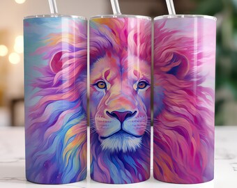 Painted Lion Pastels 20 oz Skinny Tumbler Sublimation Design, Straight & Tapered Tumbler Wrap, Instant Digital Download PNG Leo Zodiac