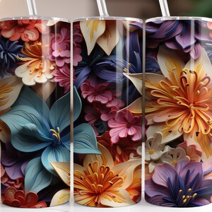 3D Rainbow Flowers 20 oz Skinny Tumbler Sublimation Design, Straight & Tapered Tumbler Wrap, Instant Digital Download PNG, 3D Floral Tumbler