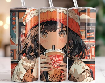 Anime Manga Kawaii Bubble Tea 20 oz Skinny Tumbler Sublimation Design, Straight & Tapered Tumbler Wrap, Instant Digital Download PNG