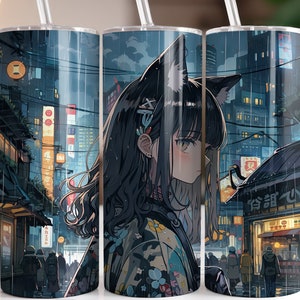 Anime Manga Katze Mädchen in Regen 20 oz Skinny Tumbler Sublimation Design, gerade & konische Tumbler Wrap, sofortiger digitaler Download PNG