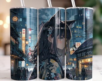 Anime Manga Cat Girl in Rain 20 oz Skinny Tumbler Sublimation Design, Straight & Tapered Tumbler Wrap, Instant Digital Download PNG