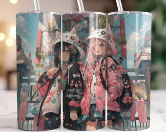 Anime Manga Kawaii Girls 20 oz Skinny Tumbler Sublimation Design, Straight & Tapered Tumbler Wrap, Instant Digital Download PNG