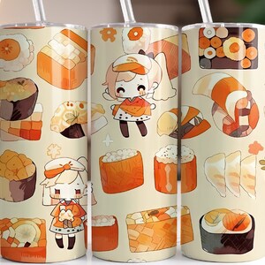 Anime Manga Kawaii Sushi Pattern 20 oz Diseño de sublimación de vaso flaco, envoltura de vaso recto y cónico, descarga digital instantánea PNG