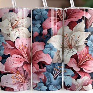 3D Lily Flowers 20 oz Skinny Tumbler Sublimation Design, Straight & Tapered Tumbler Wrap, Instant Digital Download PNG, 3D Floral Tumbler
