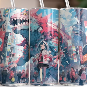 Anime Manga Pastel Kaiju Monster 20 oz Diseño de sublimación de vaso flaco, envoltura de vaso recto y cónico, descarga digital instantánea PNG