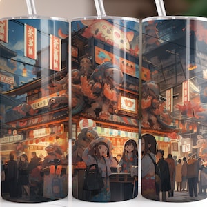 Anime Manga Night Market Festival 20 oz Skinny Tumbler Sublimation Design, Straight & Tapered Tumbler Wrap, Instant Digital Download PNG