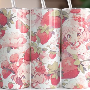 Anime Manga Kawaii Patrón de fresa 20 oz Diseño de sublimación de vaso flaco, envoltura de vaso recto y cónico, descarga digital instantánea PNG