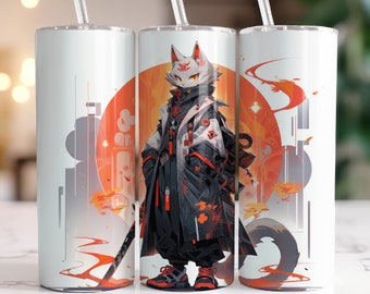 Anime Manga Kawaii Cat Samurai 20 oz Skinny Tumbler Sublimation Design, Straight & Tapered Tumbler Wrap, Instant Digital Download PNG