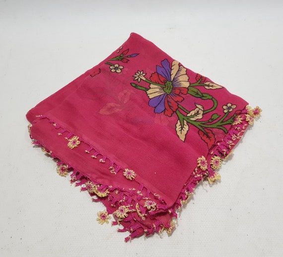 Large Vintage Anatolian Silk Hair Scarf, Antique … - image 1