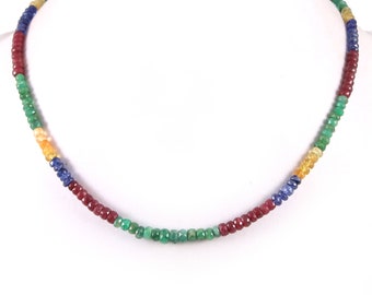 Natural Multi Stone Faceted Round Beads Necklace-Multi Precious Gemstone Beads-Emerald,Ruby,Blue-Yellow Sapphire-Silver Lock-Gemstone Strand