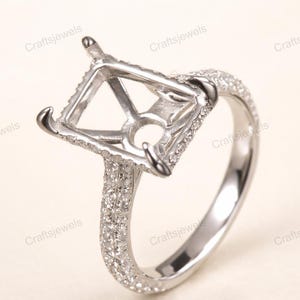 Emerald Cut Sterling Silver Ring – Moissanite Pave Setting Engagement Mount