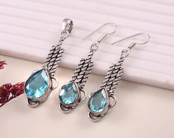 Aquamarine Pendant And Earrings Set-Handcrafted Aquamarine Quartz Silver jewelry Set-Boho Jewelry Set-March Birthstone Jewelry-Gift For Her