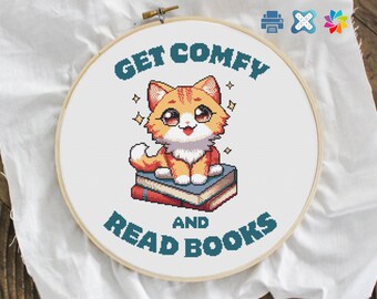 Cat Book Lover Cross Stitch Pattern: Get Comfy & Read (PDF Download)
