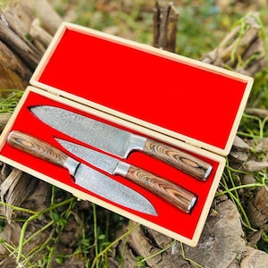 Handcrafted Damascus Steel Chef Knife Set – 3-Piece Kitchen Knife Set with Exotic Wood Handles | Gift Box Included