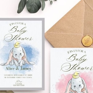 Invito per baby shower a tema elefantino, design modificabile di invito Dumbo, scegli tra 3 colori, modello di invito Dumbo