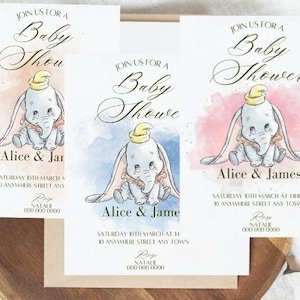 May include: Three baby shower invitations with a watercolor background and a cartoon image of Dumbo the elephant. The invitations are for Alice & Jar, Alice & James, and Alice & James. The text on the invitations reads "Join us for a Baby Shower".