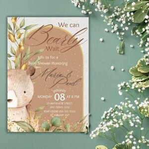 We Can Bearly Wait Baby Shower Invitation, Editable Teddy Bear Baby Sprinkle Invite Template, Sage and Gold Baby Shower Arched Invite