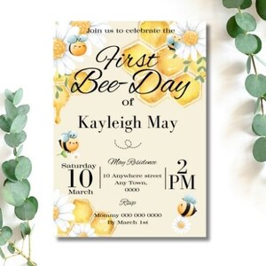 Bee Birthday Invitation, Editable Bee 1st Birthday Invite, 1st Bee Day Invitation, Floral Bee Birthday, Honey Bee Invitation