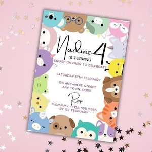 May include: A colorful invitation with a cartoon animal border. The text reads "Nadine 4 is turning, squish on over to celebrate. Saturday 17th February, 155 Anywhere Street, Any Town, 0055. RSVP Mommy - 055 555 5555 by 1st February."