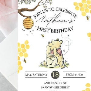 Invitation d’anniversaire Winnie l’ourson, modèle d’invitation à une fête Hunnie MODIFIABLE, invitation ourson et abeille, classique, téléchargement numérique instantané