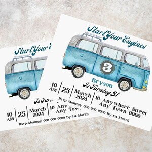 Faire-part d'anniversaire bleu VW Mini Van, modèle d'invitation modifiable voiture garçons, aquarelle Hippi Bus Evite, téléchargement numérique thème voitures garçons